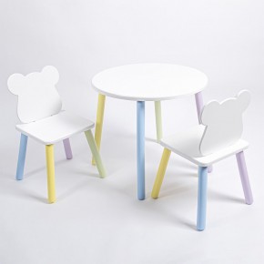 Комплект детский стол КРУГЛЫЙ и два стула МИШКА ROLTI Baby (белая столешница/белое сиденье/цветные ножки) в Верхней Салде - verhnyaya-salda.ok-mebel.com | фото